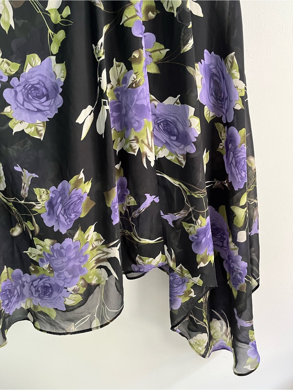 90s Y2K Jessica Black & Purple Floral Whimsical Flowy Fairy Midi Cowl Neck Dress - Picture 16 of 16